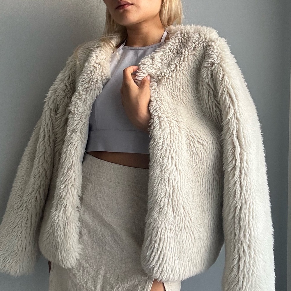 NEXT Ivory Collarless Cropped Oversized Faux Fur Coat